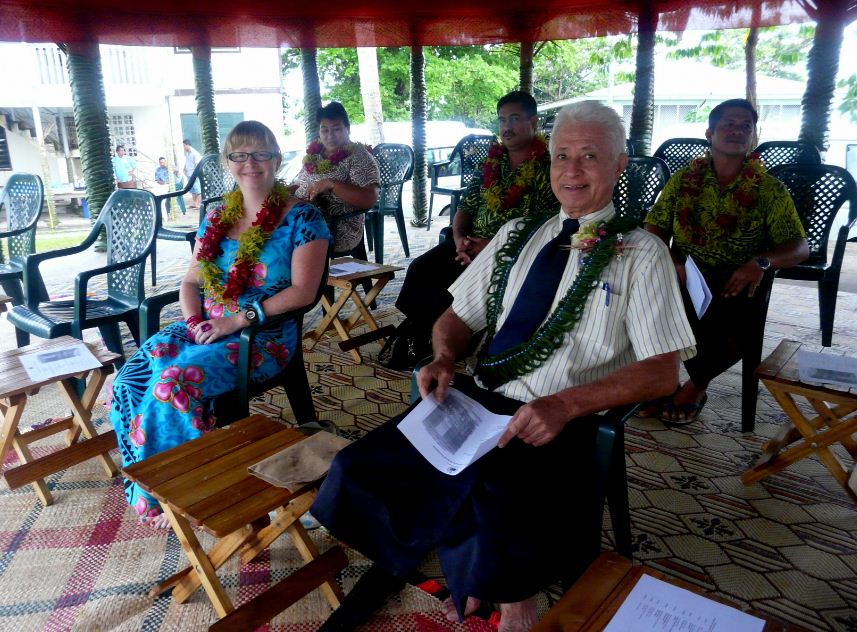 In the officials' fale with the Ombudsman, Maiava Iuli Toma, complete with our flower fa'aula.